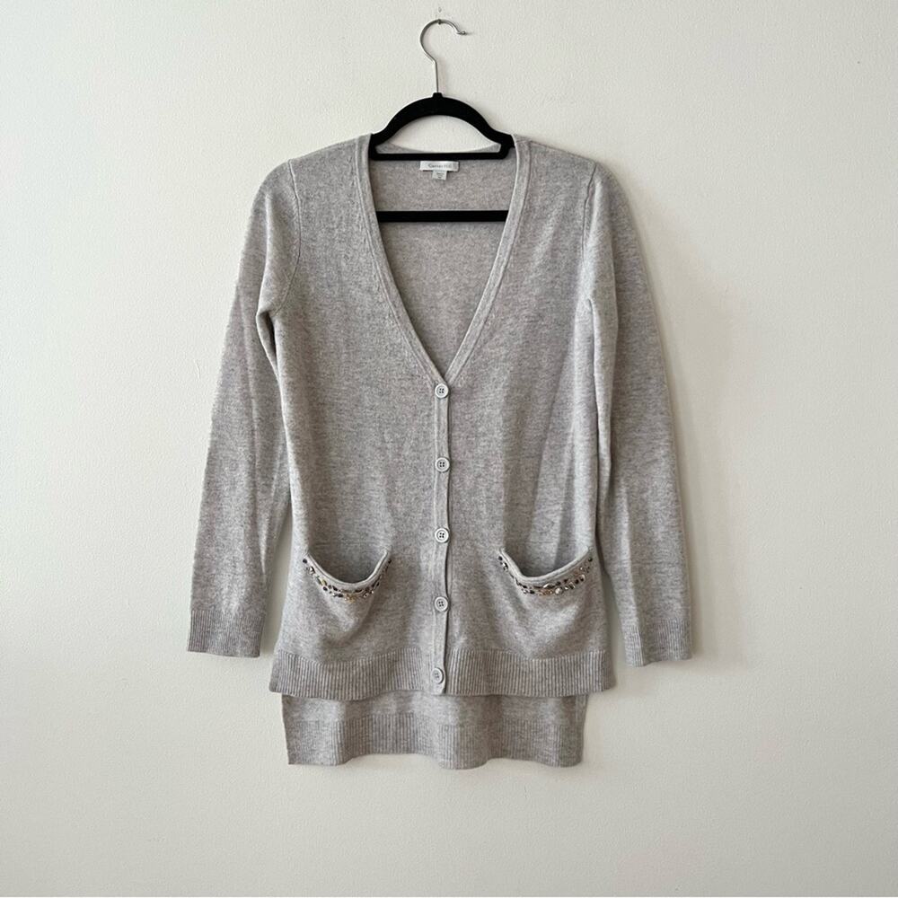 Garnet Hill Light Grey Cashmere Embellished Cardigan